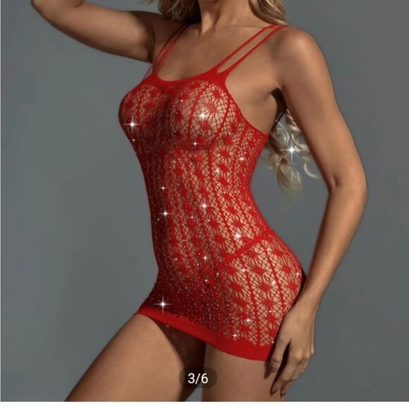 Red Bodycon Dress with Rhinestones - Picture 4 of 14